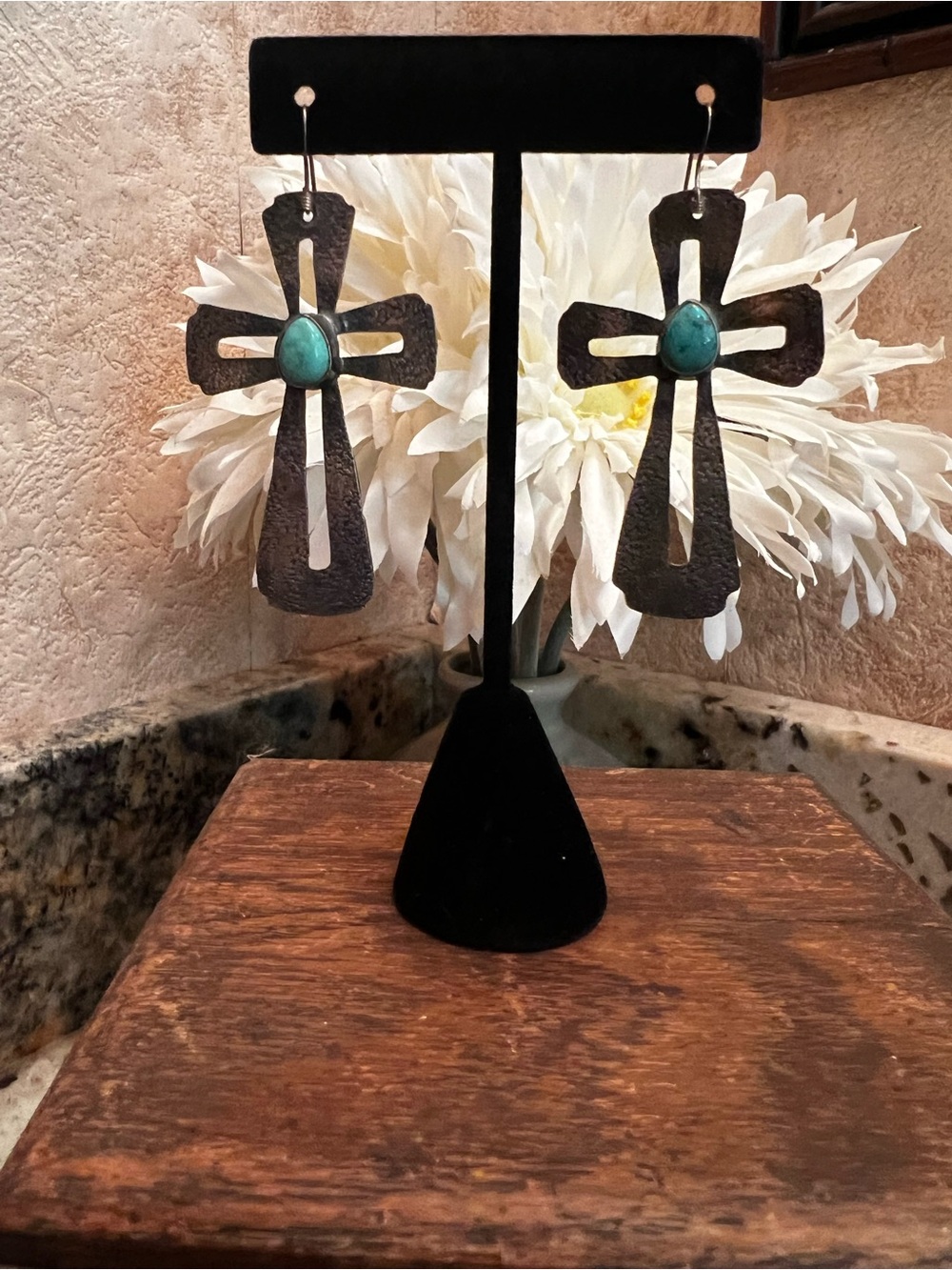 Sterling Silver Genuine Turquoise Cross Dangle Earrings | Hammered Oxidized
